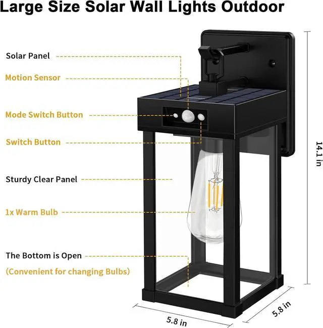 Alt view image 6 of 7 - 2 Pack Outdoor Solar Wall Light Fixtures With Dusk To Dawn Sensor,Large Size Black Outdoor Wall Lights with 3Lighting Modes,Exterior Waterproof Solar Wall Sconce Light for Outside,Garage(Black-2P)