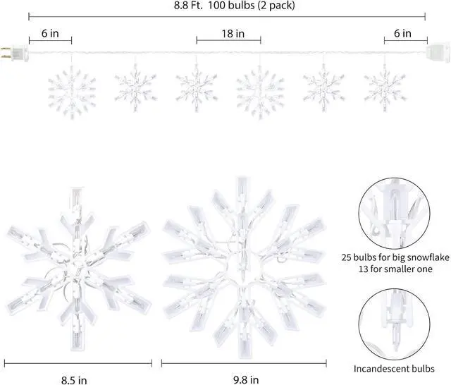Alt view image 5 of 7 - Snowflake Christmas String Lights - 2 Pack 6 Drops 8.8 Ft. 100 Mini Bulb Snowflake Icicle Lights with Hooks Connectable Hanging Lights for Xmas Rooftop Home Indoor Outdoor Party Wedding
