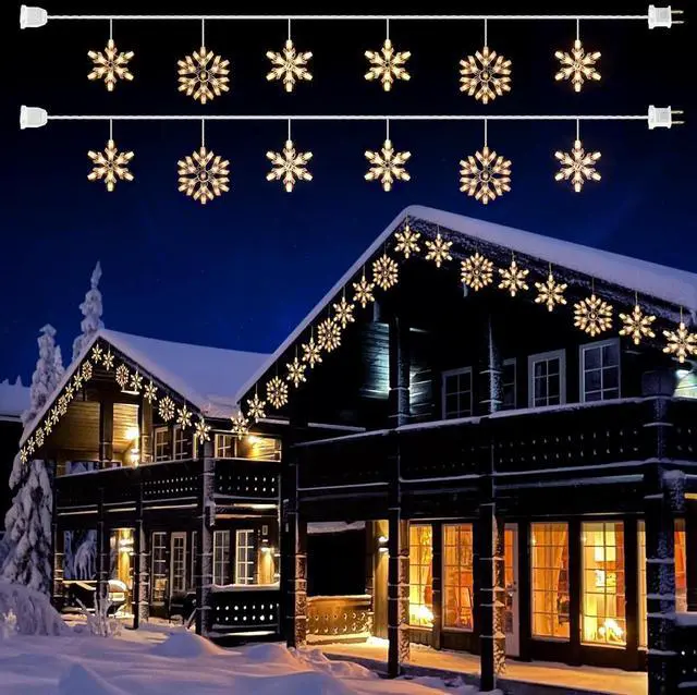 Main image of Snowflake Christmas String Lights - 2 Pack 6 Drops 8.8 Ft. 100 Mini Bulb Snowflake Icicle Lights with Hooks Connectable Hanging Lights for Xmas Rooftop Home Indoor Outdoor Party Wedding
