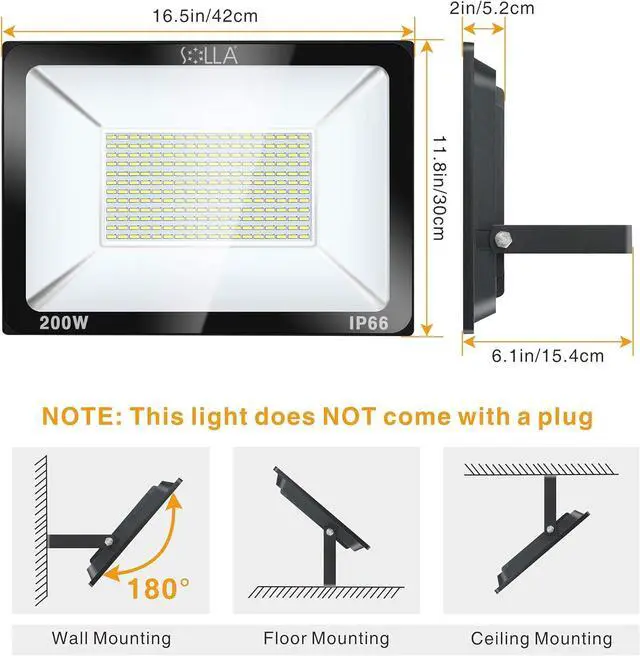 Alt view image 7 of 7 - SOLLA 200W LED Flood Light Outdoor, 20000lm Super Bright Security Light, 1060W Equivalent, 6000K Daylight White, IP66 Waterproof Outside Floodlights, LED Exterior Light for Garage, Garden, Yard