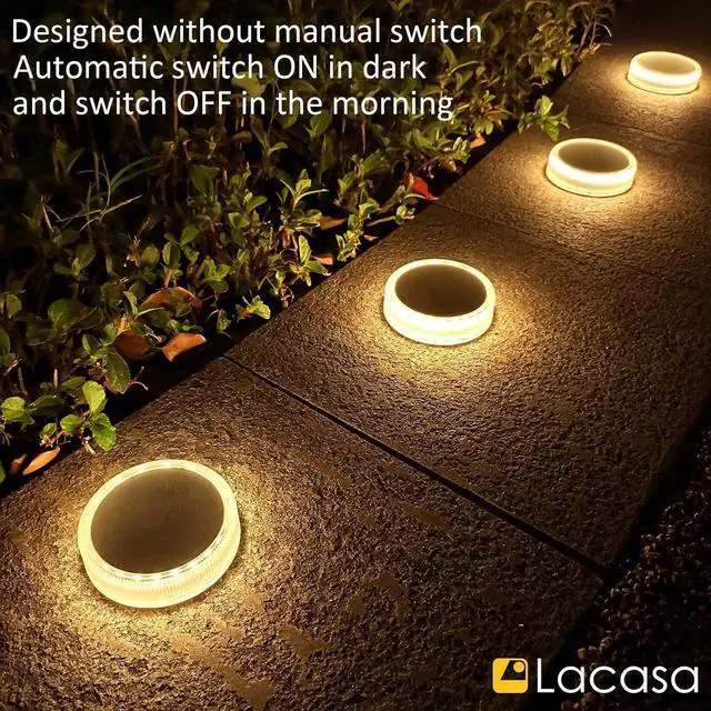 Alt view image 5 of 7 - Lacasa Solar Deck Lights, 4 Pack 30LM Outdoor Solar Powered Step Lights, LED Dock Lights Warm White 2700K Light up All Night IP68 Waterproof Auto ON/Off for Garden Stairs Driveway Pathway Lighting