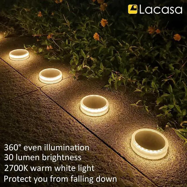 Alt view image 6 of 7 - Lacasa Solar Deck Lights, 4 Pack 30LM Outdoor Solar Powered Step Lights, LED Dock Lights Warm White 2700K Light up All Night IP68 Waterproof Auto ON/Off for Garden Stairs Driveway Pathway Lighting
