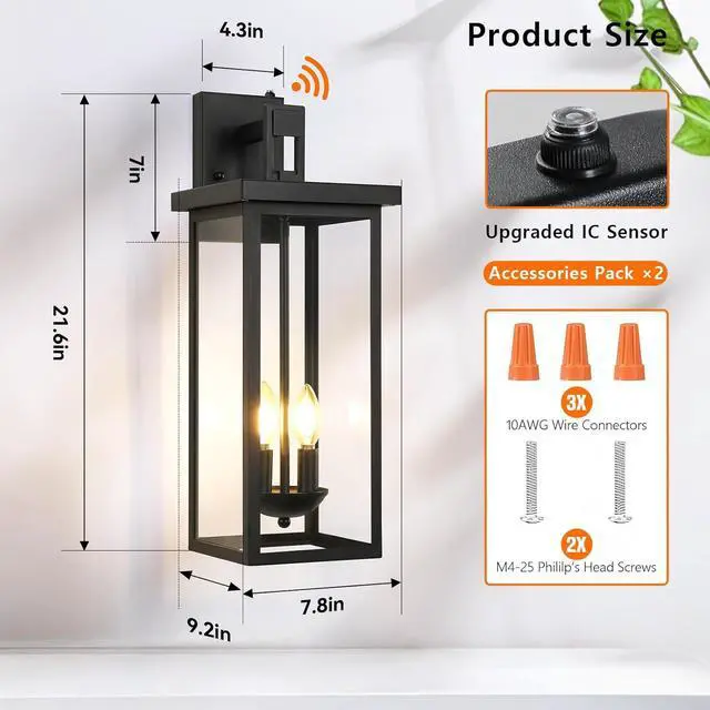 Alt view image 5 of 7 - tewei 22 Inch Large Outdoor Wall Lights, Dusk to Dawn Outdoor Lighting Fixtures Black Modern Porch Light Outdoor Wall Sconce Lantern, Outside Lights for House Garage, 1 Pack