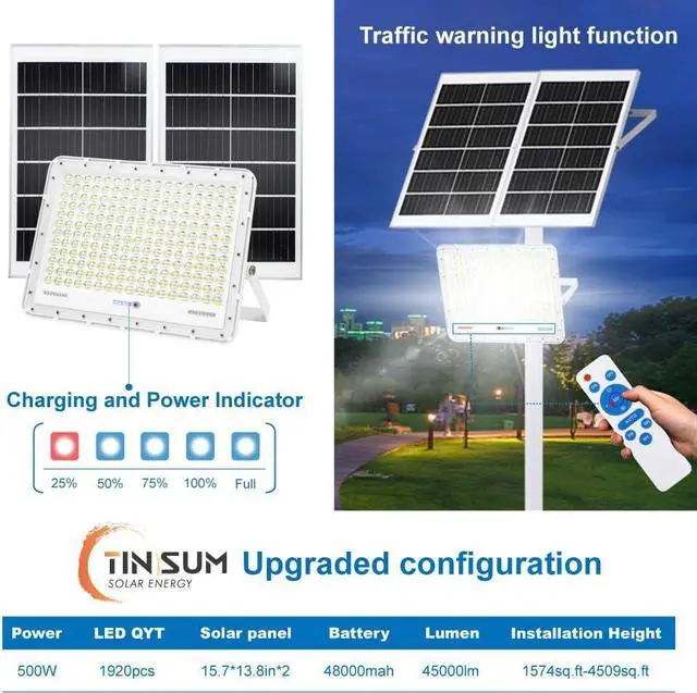 Alt view image 4 of 7 - TINSUM 500W Solar Led Flood Lights Outdoor, 28000 Lumens Solar Security Street Lights Dusk to Dawn 1920LED with Remote White Led for Parking Lot,Stadium,Yard,Swimming Pool, Pathway,Flag Pole