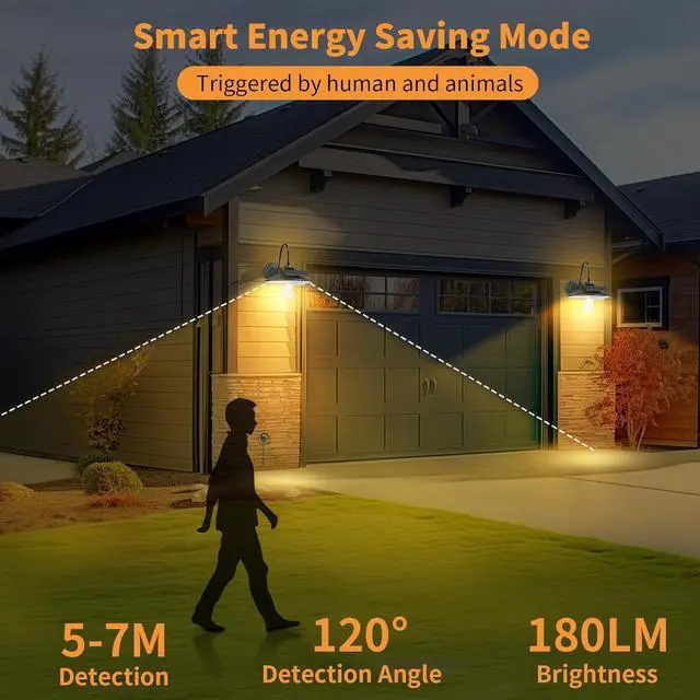 Alt view image 5 of 7 - Solar Barn Lights Outdoor with 3 Lighting Modes & Motion Sensor, Waterproof Black Farmhouse Outdoor Gooseneck Solar Lights for Barn Shed Chicken Coop Porch, 2Pack