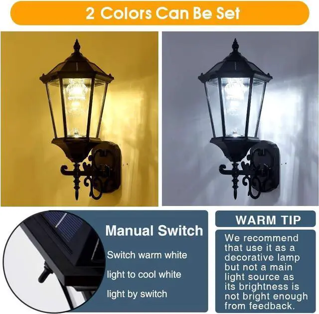 Alt view image 3 of 6 - Decorative Solar Wall Light Outdoor Lamp, Waterproof Dusk to Dawn Soalr Wall Lantern, LED Wall Mount Light Fixture, 21 Large, Aluminum Housing Plus Glass, Cool + Warm White(2 Pack)