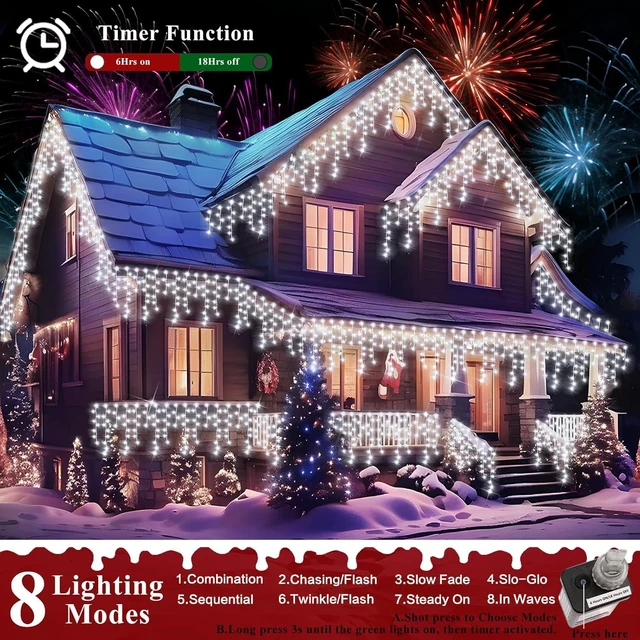 Alt view image 2 of 7 - XURISEN 132ft Christmas Lights Decorations Outdoor, 1280 LED 8 Modes Fairy Lights with 240 Drops,Plug in Waterproof Timer Memory Function for Christmas Holiday Wedding Party Decorations(Cool White)