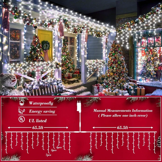 Alt view image 5 of 7 - XURISEN 132ft Christmas Lights Decorations Outdoor, 1280 LED 8 Modes Fairy Lights with 240 Drops,Plug in Waterproof Timer Memory Function for Christmas Holiday Wedding Party Decorations(Cool White)