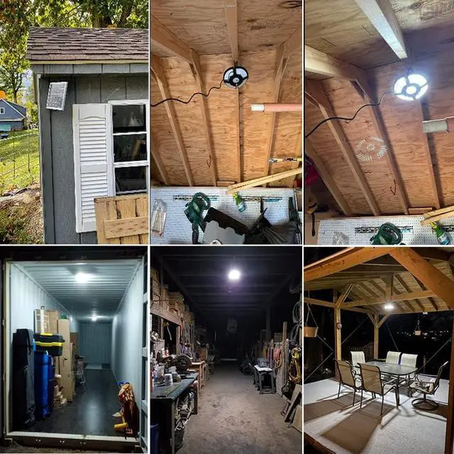 Alt view image 4 of 7 - HULPPRE Solar Shed Light-Daytime or Night,4+1 Leaves 136Leds Brighter Solar Light Indoor&Outdoor with Remote,IP65 Barn/Chicken Coop/Workshop/Ceiling/Pendant Lamp for Patio,Garden,Yard,Gazebo