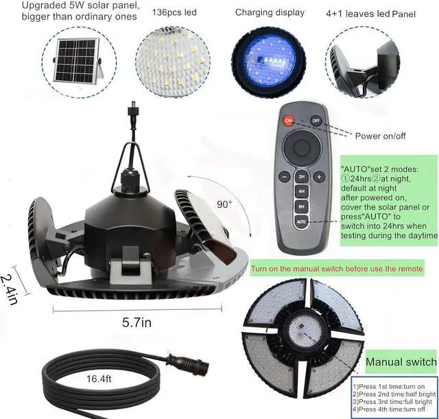 Alt view image 5 of 7 - HULPPRE Solar Shed Light-Daytime or Night,4+1 Leaves 136Leds Brighter Solar Light Indoor&Outdoor with Remote,IP65 Barn/Chicken Coop/Workshop/Ceiling/Pendant Lamp for Patio,Garden,Yard,Gazebo