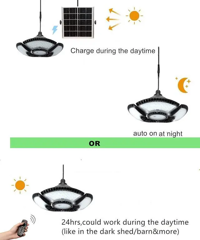 Alt view image 6 of 7 - HULPPRE Solar Shed Light-Daytime or Night,4+1 Leaves 136Leds Brighter Solar Light Indoor&Outdoor with Remote,IP65 Barn/Chicken Coop/Workshop/Ceiling/Pendant Lamp for Patio,Garden,Yard,Gazebo