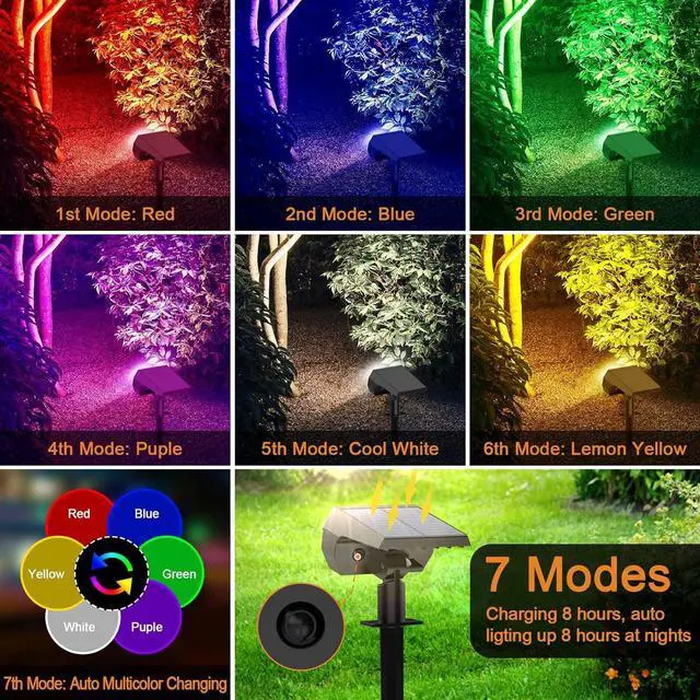 Alt view image 4 of 6 - Solar Spot Lights Outdoor Color Changing,[7 Modes/4 Pack] Christmas IP65 Waterproof Landscape Spotlights, Dusk to Dawn Solar Powered Security Light for Patio Gate Walkway Pool Garden Yard Driveway