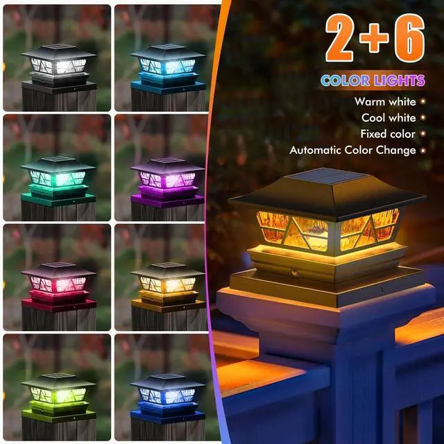 Alt view image 2 of 7 - Viewsun Solar Post Lights Outdoor Waterproof RGB Color Changing Modes Fence Post Cap Lights, Deck Post Lights Solar Powered for 4x4 5x5 6x6 Wooden or Vinyl Yard Garden Patio Decor, Black(8 Pack)