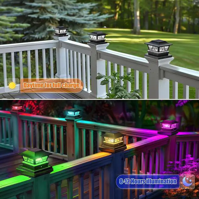 Alt view image 3 of 7 - Viewsun Solar Post Lights Outdoor Waterproof RGB Color Changing Modes Fence Post Cap Lights, Deck Post Lights Solar Powered for 4x4 5x5 6x6 Wooden or Vinyl Yard Garden Patio Decor, Black(8 Pack)