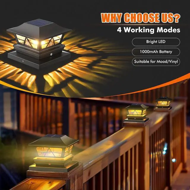 Alt view image 4 of 7 - Viewsun Solar Post Lights Outdoor Waterproof RGB Color Changing Modes Fence Post Cap Lights, Deck Post Lights Solar Powered for 4x4 5x5 6x6 Wooden or Vinyl Yard Garden Patio Decor, Black(8 Pack)