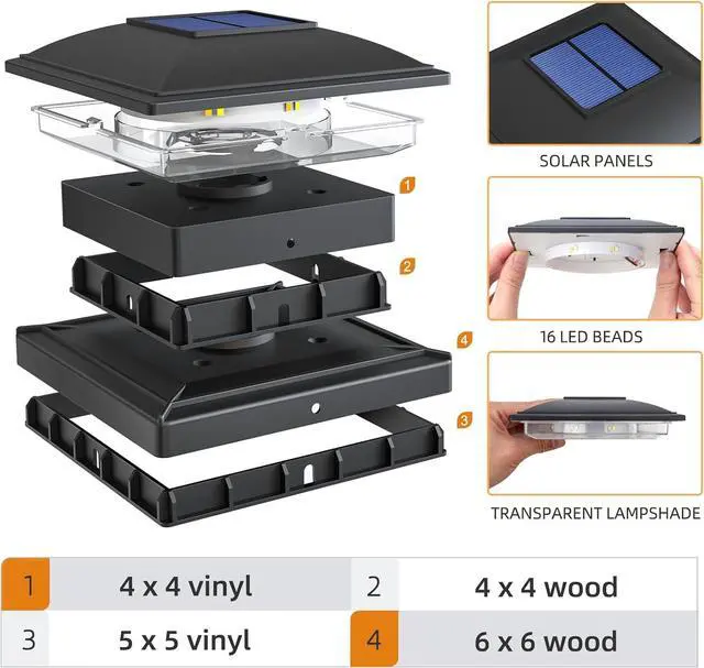 Alt view image 4 of 6 - APONUO 16 Pack Fence Post Solar Lights, 2 Modes(Warm/Cool Light) Outdoor Waterproof 4x4 Post Solar Lights, Solar Powered Garden, Patio, Deck Decor for 4x4, 5x5, 5.5x5.5 Wood & Vinyl Posts, Black