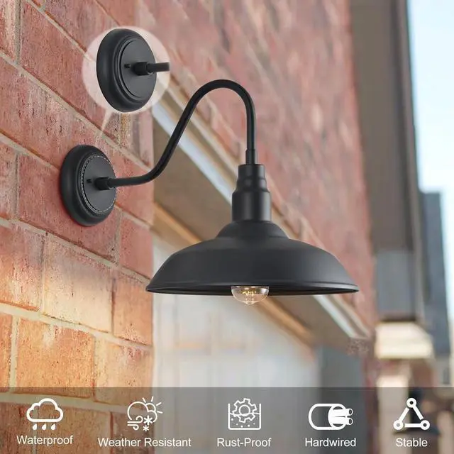 Alt view image 2 of 7 - Gooseneck Barn Light with 14in Dome, 4 Pack Large Exterior Farmhouse Light with Wall Mount, Black Outdoor Wall Sconce for Porch Garage Door