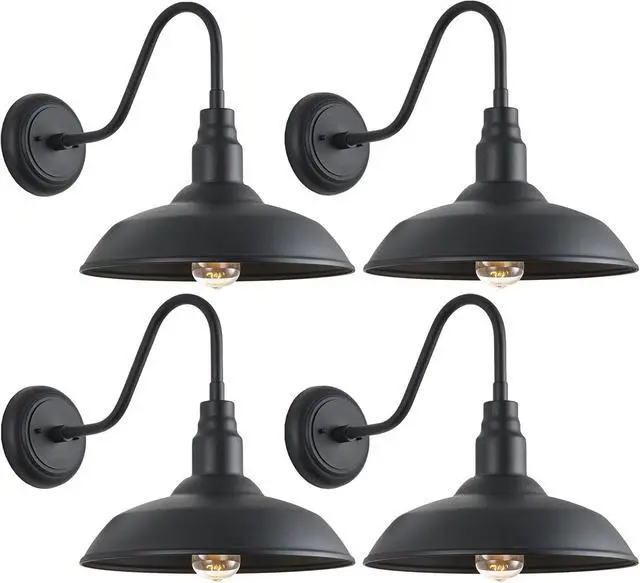 Main image of Gooseneck Barn Light with 14in Dome, 4 Pack Large Exterior Farmhouse Light with Wall Mount, Black Outdoor Wall Sconce for Porch Garage Door
