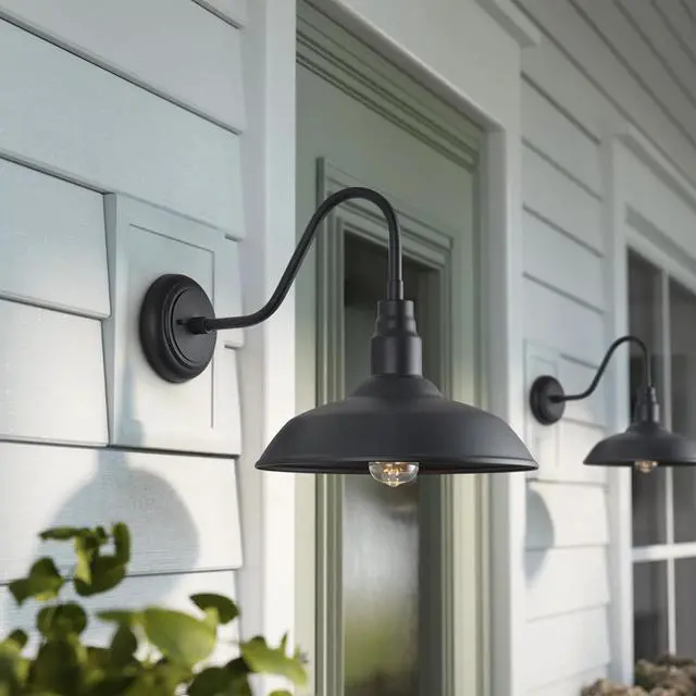 Alt view image 3 of 7 - Gooseneck Barn Light with 14in Dome, 4 Pack Large Exterior Farmhouse Light with Wall Mount, Black Outdoor Wall Sconce for Porch Garage Door