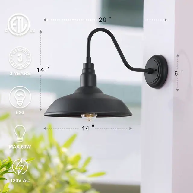 Alt view image 4 of 7 - Gooseneck Barn Light with 14in Dome, 4 Pack Large Exterior Farmhouse Light with Wall Mount, Black Outdoor Wall Sconce for Porch Garage Door