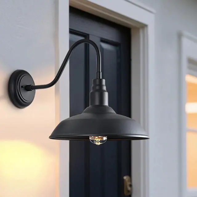 Alt view image 6 of 7 - Gooseneck Barn Light with 14in Dome, 4 Pack Large Exterior Farmhouse Light with Wall Mount, Black Outdoor Wall Sconce for Porch Garage Door