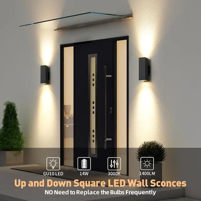 Alt view image 2 of 7 - tewei 4 Pack LED Square Up and Down Lights Outdoor Wall Lights, Matte Black Exterior Lighting Fixtures with 7W LED Bulbs, Modern Outdoor Lights for House, Garage, Porch, Doorway