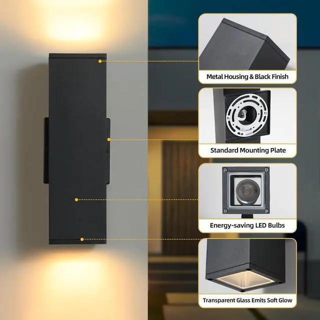 Alt view image 6 of 7 - tewei 4 Pack LED Square Up and Down Lights Outdoor Wall Lights, Matte Black Exterior Lighting Fixtures with 7W LED Bulbs, Modern Outdoor Lights for House, Garage, Porch, Doorway