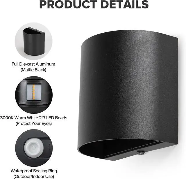 Alt view image 3 of 7 - LUTEC 2-Pack LED Up & Down Adjustable Wall Lights,Anti-Rust Aluminium Modern Outdoor Indoor Wall Sconce, 10W, 400LM, 3000K Warm White Exterior Light, IP65 Waterproof for Porch, Patio, Garage-Black