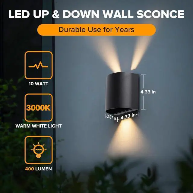 Alt view image 5 of 7 - LUTEC 2-Pack LED Up & Down Adjustable Wall Lights,Anti-Rust Aluminium Modern Outdoor Indoor Wall Sconce, 10W, 400LM, 3000K Warm White Exterior Light, IP65 Waterproof for Porch, Patio, Garage-Black