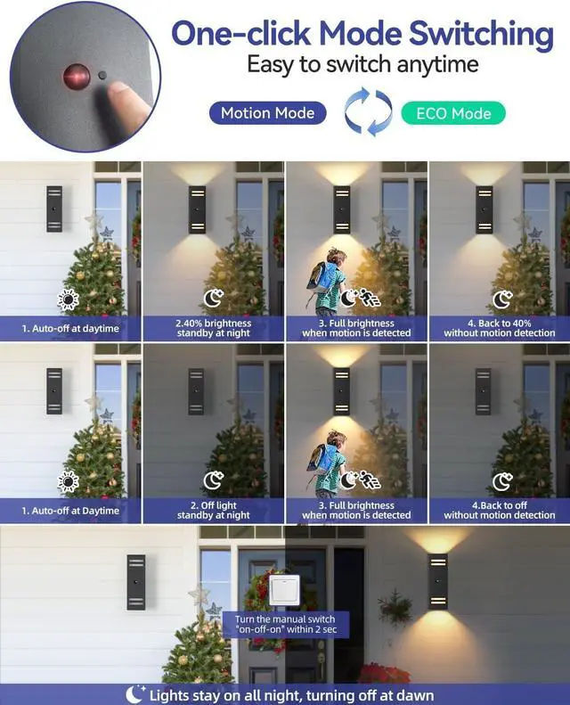 Alt view image 2 of 7 - KIZON Motion Sensor Outdoor Lights 2 Pack, Dusk to Dawn Outdoor Wall Lights Black Exterior Lighting Fixtures with E26 Base, Modern Sconce Motion Detector Lights for House Porch