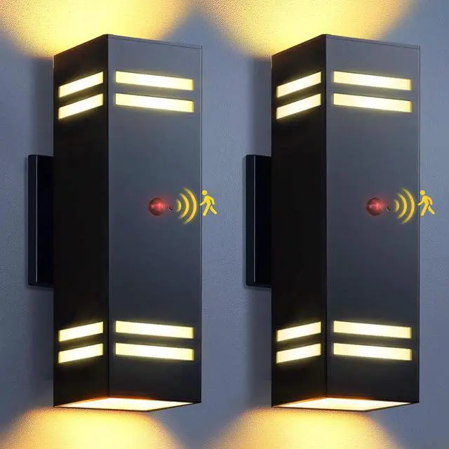 Main image of KIZON Motion Sensor Outdoor Lights 2 Pack, Dusk to Dawn Outdoor Wall Lights Black Exterior Lighting Fixtures with E26 Base, Modern Sconce Motion Detector Lights for House Porch