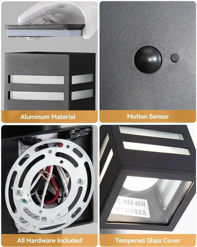 Alt view image 5 of 7 - KIZON Motion Sensor Outdoor Lights 2 Pack, Dusk to Dawn Outdoor Wall Lights Black Exterior Lighting Fixtures with E26 Base, Modern Sconce Motion Detector Lights for House Porch