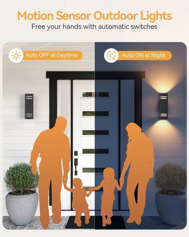 Alt view image 6 of 7 - KIZON Motion Sensor Outdoor Lights 2 Pack, Dusk to Dawn Outdoor Wall Lights Black Exterior Lighting Fixtures with E26 Base, Modern Sconce Motion Detector Lights for House Porch