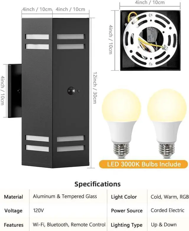 Alt view image 7 of 7 - KIZON Motion Sensor Outdoor Lights 2 Pack, Dusk to Dawn Outdoor Wall Lights Black Exterior Lighting Fixtures with E26 Base, Modern Sconce Motion Detector Lights for House Porch