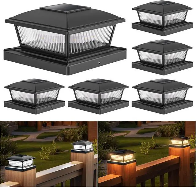 Main image of APONUO Solar Post Cap Lights, 2 Lighting Modes 16 LEDs Fence Post Solar Lights for 4x4 5x5 6x6 Wooden/Vinyl Posts, Outdoor Waterproof Deck Posts Light Solar Powered for Fence Deck Patio, Black 6 Packs