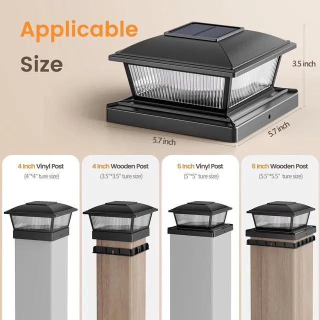 Alt view image 3 of 7 - APONUO Solar Post Cap Lights, 2 Lighting Modes 16 LEDs Fence Post Solar Lights for 4x4 5x5 6x6 Wooden/Vinyl Posts, Outdoor Waterproof Deck Posts Light Solar Powered for Fence Deck Patio, Black 6 Packs