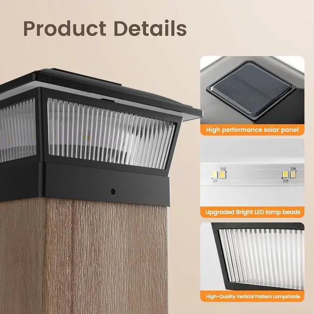 Alt view image 6 of 7 - APONUO Solar Post Cap Lights, 2 Lighting Modes 16 LEDs Fence Post Solar Lights for 4x4 5x5 6x6 Wooden/Vinyl Posts, Outdoor Waterproof Deck Posts Light Solar Powered for Fence Deck Patio, Black 6 Packs