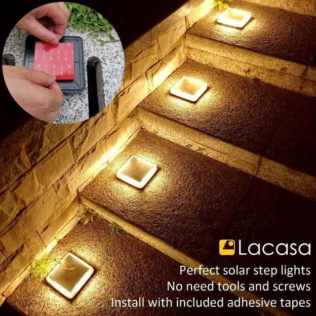 Alt view image 5 of 7 - Solar Deck Lights, Driveway Walkway Dock Light Solar Powered Outdoor Stair Step Pathway LED Lamp for Backyard Patio Garden Ground, auto On/Off - Warm White - Square - 4 Pack