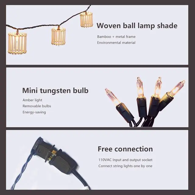 Alt view image 3 of 7 - Outdoor-String-Lights-Waterproof, Bamboo Lantern String Lights for Patio, Garden, Porch, Balcony, Gazebo Decorative (Bamboo)