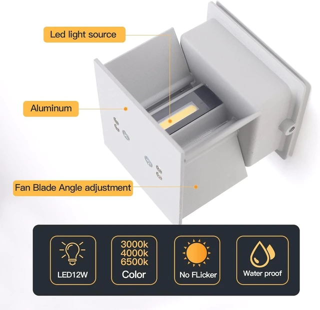 Alt view image 4 of 7 - 12W 4Pack Outdoor Wall Lights Exterior/Interior,LED White Outdoor Wall Sconces Light Fixtures Modern,IP65 Waterproof Square Aluminum Wall Lamps, Up and Down Lights 4500K Natural Lights