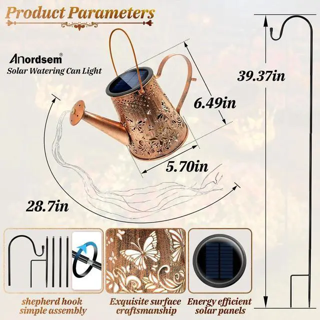 Alt view image 3 of 7 - Anordsem Solar Lanterns Outdoor for Homeowners: Metal Butterfly Watering Can with Hook - Waterproof Hanging Art Decoration for Garden Patio - Gardening Birthday Gifts for Women Mom Grandma