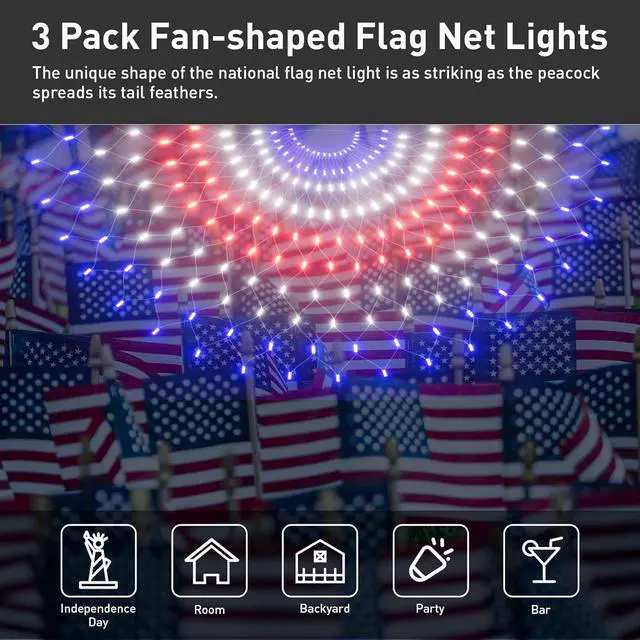 Alt view image 2 of 6 - Leisure world 3 Pack 150 LED American Flag Banner Lights,Super Bright USA Half Fan Flag String Lights, Waterproof Patriotic Decoration for Independence Day (July 4th) Memorial Day, Christmas&Party