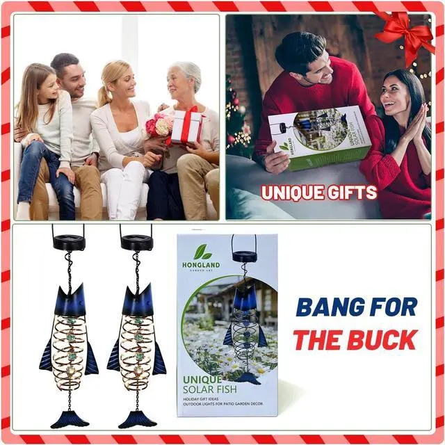 Alt view image 2 of 7 - HONGLAND 2 Pack Solar Lantern Outdoor - Metal Fish Hanging Decoration - Waterproof Warm LED Lights Outside - Unique Gifts for Garden Man Women Holiday Days, Birthdays, Attractive Addition to Yard Art