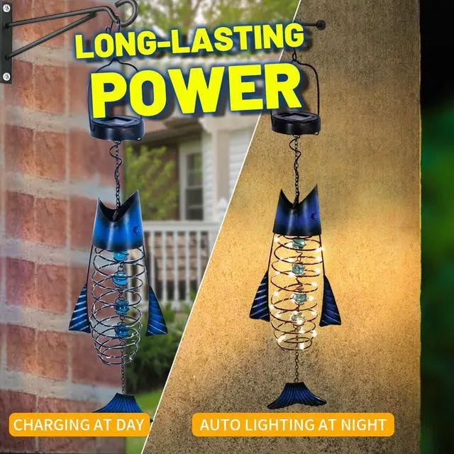 Alt view image 5 of 7 - HONGLAND 2 Pack Solar Lantern Outdoor - Metal Fish Hanging Decoration - Waterproof Warm LED Lights Outside - Unique Gifts for Garden Man Women Holiday Days, Birthdays, Attractive Addition to Yard Art
