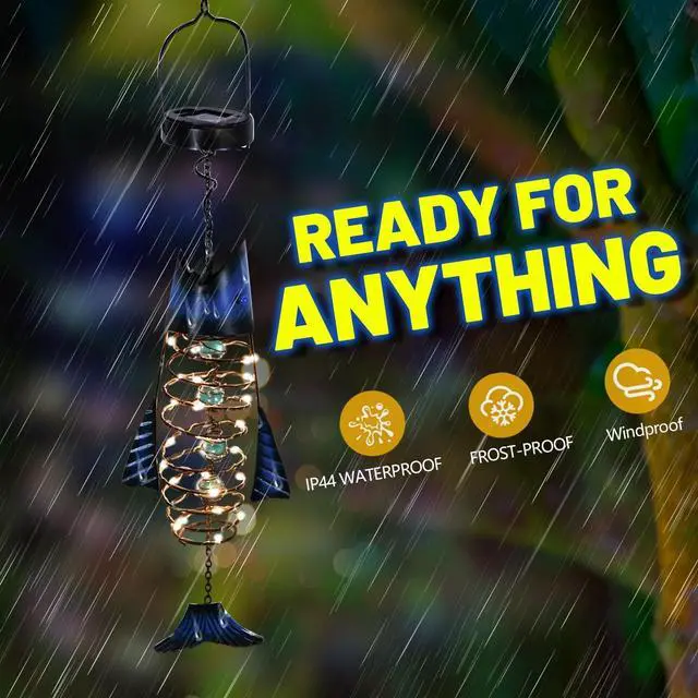 Alt view image 6 of 7 - HONGLAND 2 Pack Solar Lantern Outdoor - Metal Fish Hanging Decoration - Waterproof Warm LED Lights Outside - Unique Gifts for Garden Man Women Holiday Days, Birthdays, Attractive Addition to Yard Art