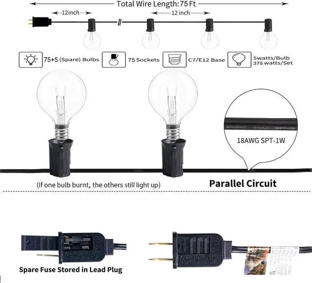 Alt view image 2 of 6 - Outdoor String Lights 75Ft G40 UL Listed 80 Edison Bulbs (5 Spare) Globe String Lights Outside Lights Waterproof for Patio Balcony Porch Bistro Cafe Indoor Hanging Lights Christmas Party Decor
