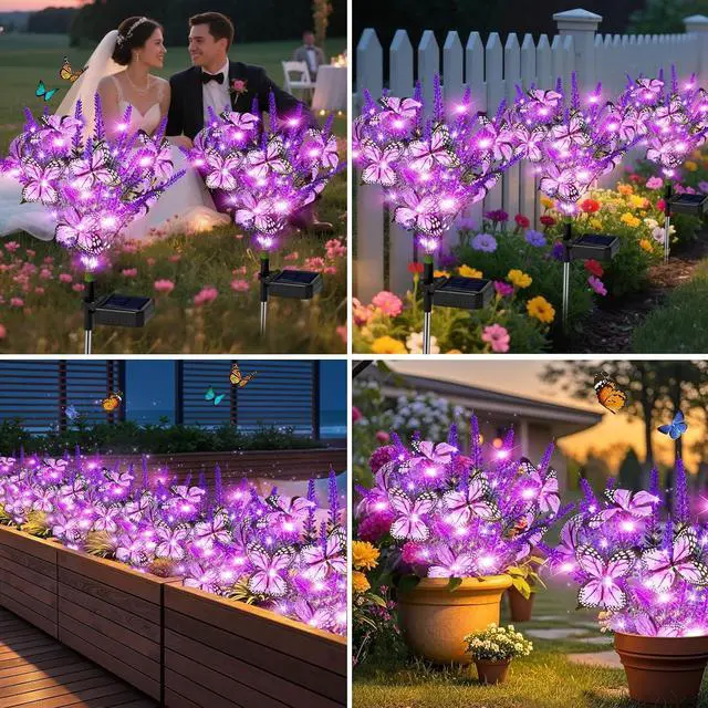 Alt view image 2 of 7 - Solar Garden Lights Outdoor 6 Pack Lavender Butterfly Lights, Solar Artificial Flower Outdoor Waterproof Decoration Gardening Gifts for Women, Yard Patio Pathway Lawn Courtyard Decoration