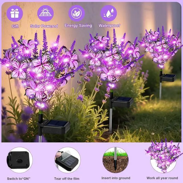 Alt view image 7 of 7 - Solar Garden Lights Outdoor 6 Pack Lavender Butterfly Lights, Solar Artificial Flower Outdoor Waterproof Decoration Gardening Gifts for Women, Yard Patio Pathway Lawn Courtyard Decoration
