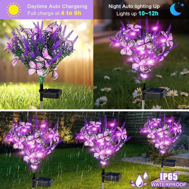 Alt view image 6 of 7 - Solar Garden Lights Outdoor 6 Pack Lavender Butterfly Lights, Solar Artificial Flower Outdoor Waterproof Decoration Gardening Gifts for Women, Yard Patio Pathway Lawn Courtyard Decoration