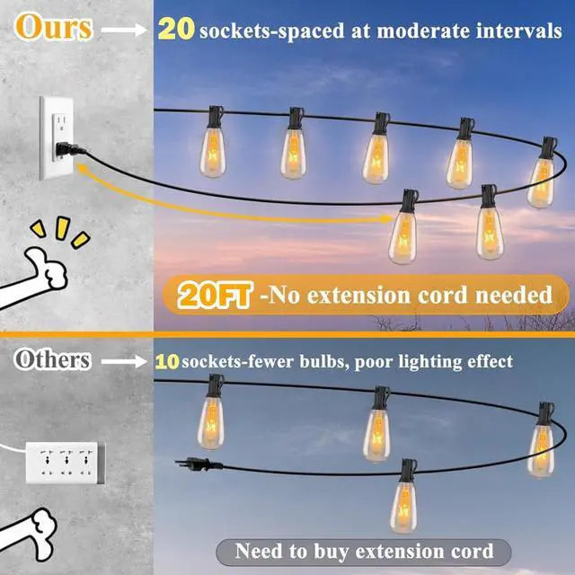 Alt view image 2 of 5 - Afirst Outdoor String Lights 20FT with 22 LED Bulbs(2 Spare) Waterproof Connectable Patio Lights for Outside Backyard Porch Lighting